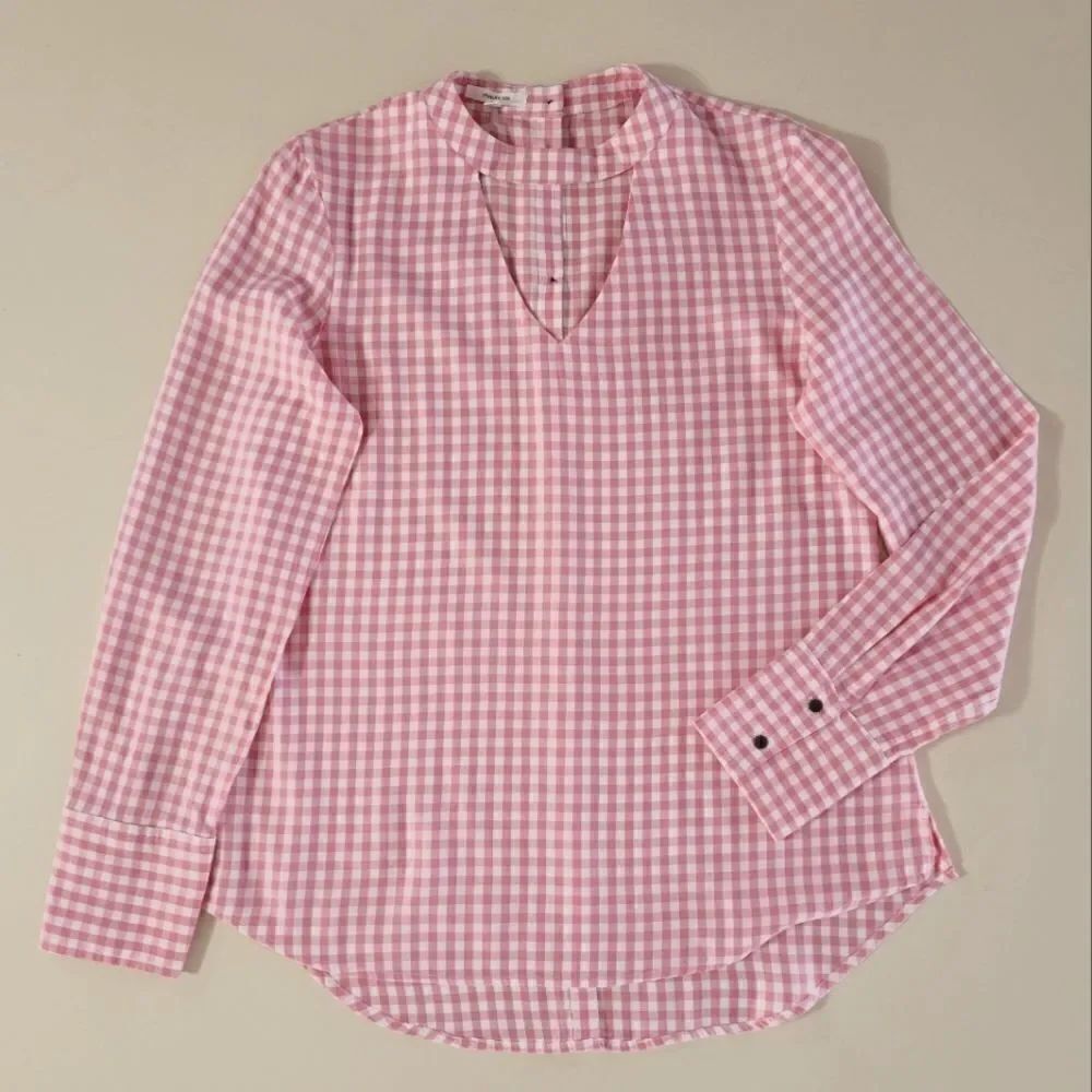 Maurice's Women's Pink Gingham Long Sleeve V-Neck Back-Button Blouse